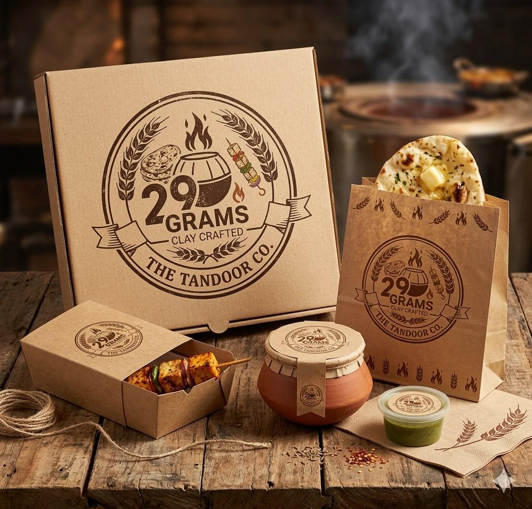 Full packaging family: box, kraft bag, skewer box, clay pot and chutney tub