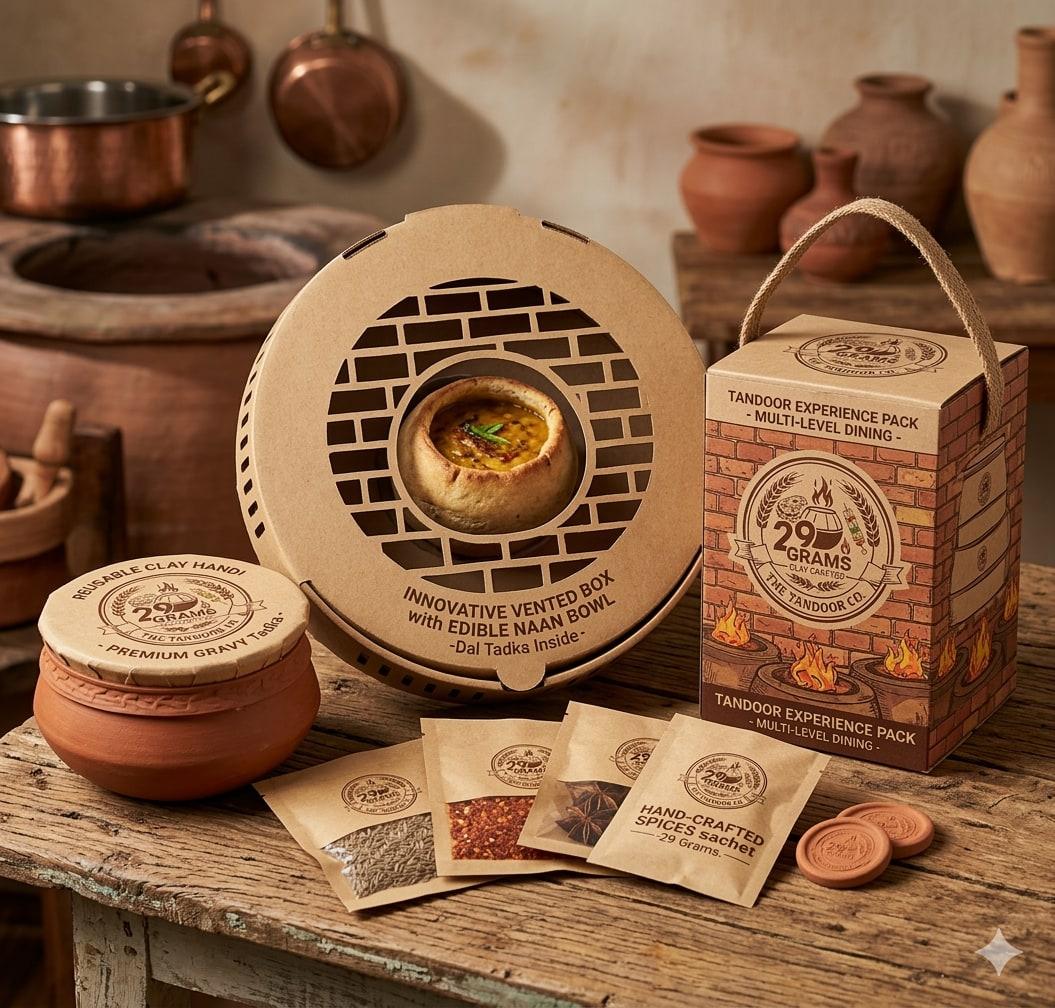 Vented naan-bowl box with dal tadka inside, and the Tandoor Experience Pack